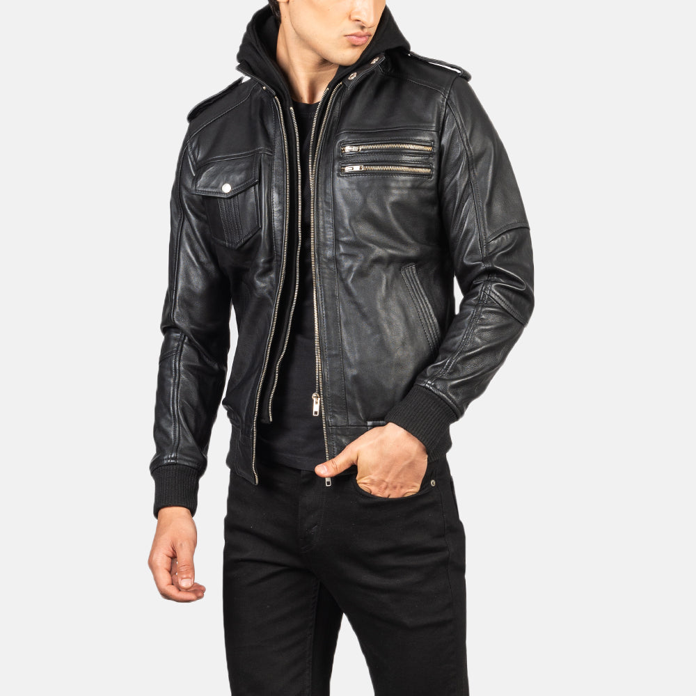 【BALR.】2way HOODED LEATHER BOMBER JACKET Black Hooded Bomber Leather Jacket | Zosack – Zosack Ltd