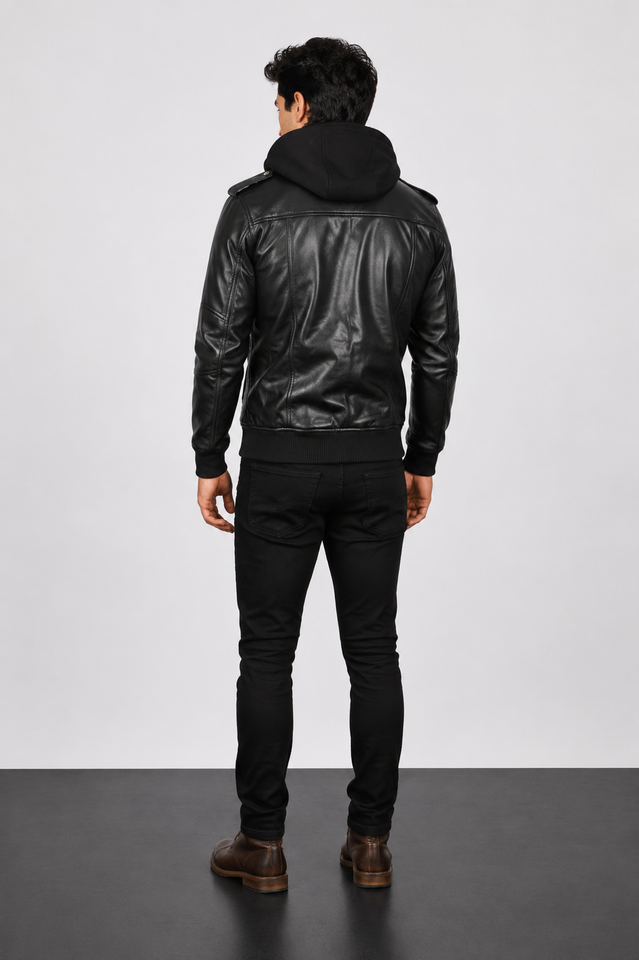 Black Hooded Bomber Leather Jacket
