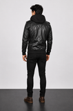 Black Hooded Bomber Leather Jacket