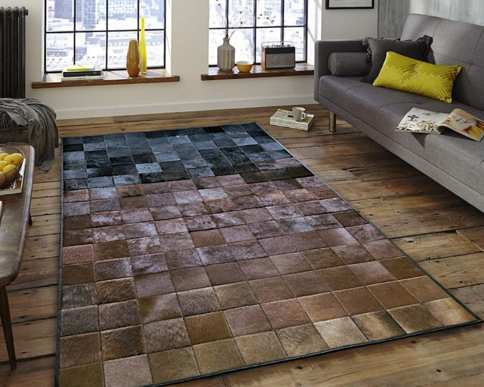 Black & Brown Square Blocks Handmade Patchwork Cowhide Rug