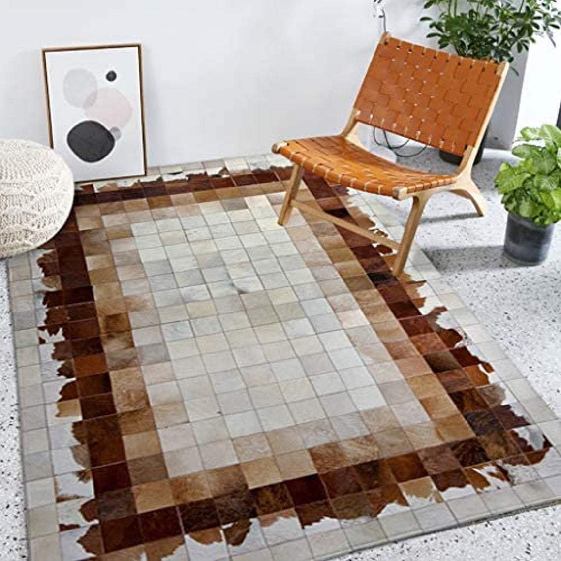 Brown & Grey Square Blocks Handmade Patchwork Cowhide Rug | Zosack ...