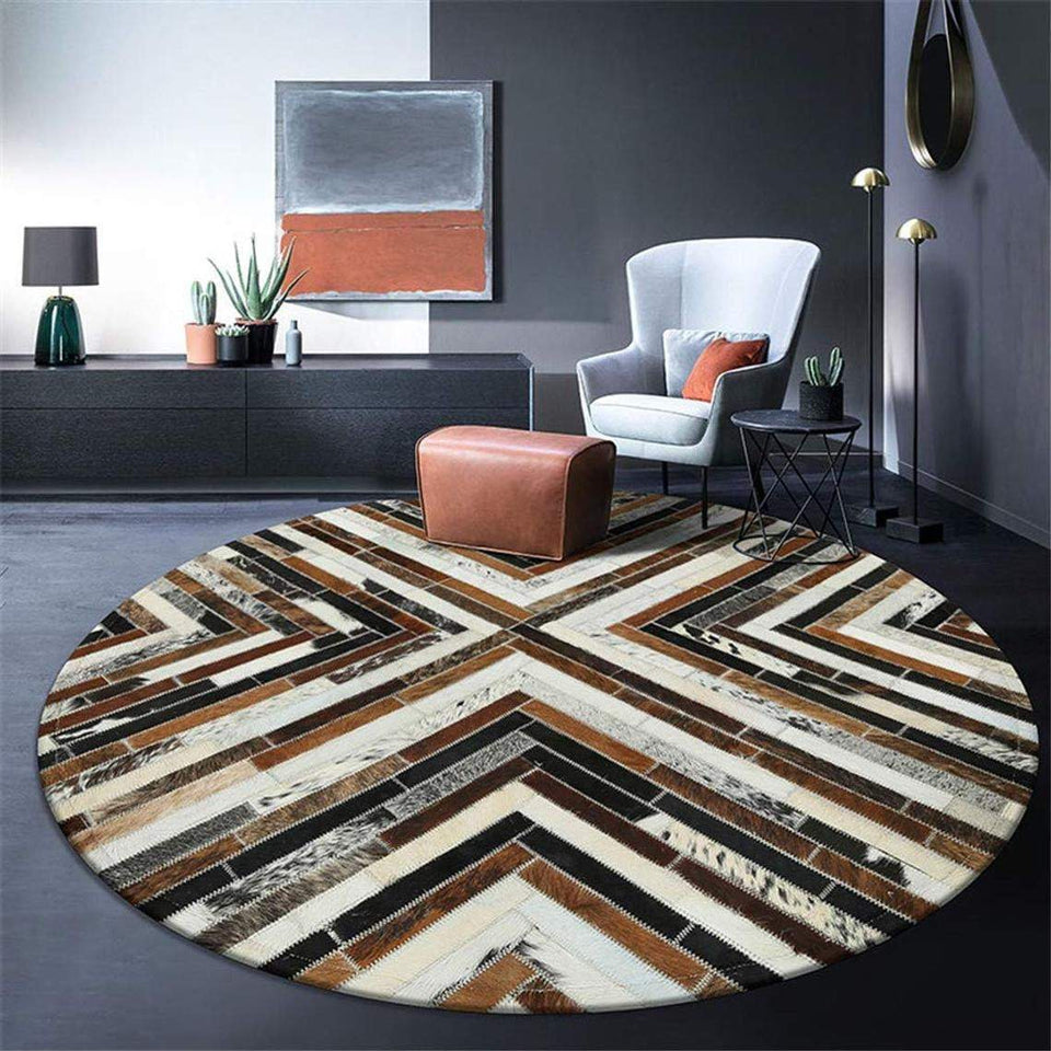 Mix Stripes Cowhide Patchwork Round Rug