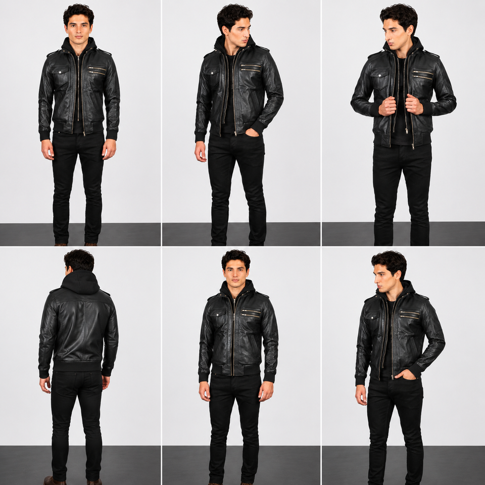 Black Hooded Bomber Leather Jacket