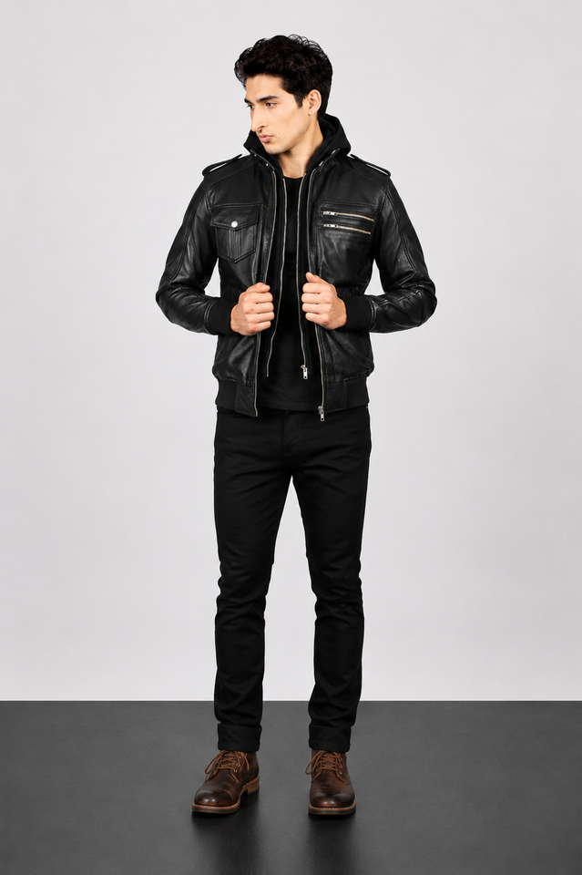 Black Hooded Bomber Leather Jacket