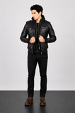 Black Hooded Bomber Leather Jacket