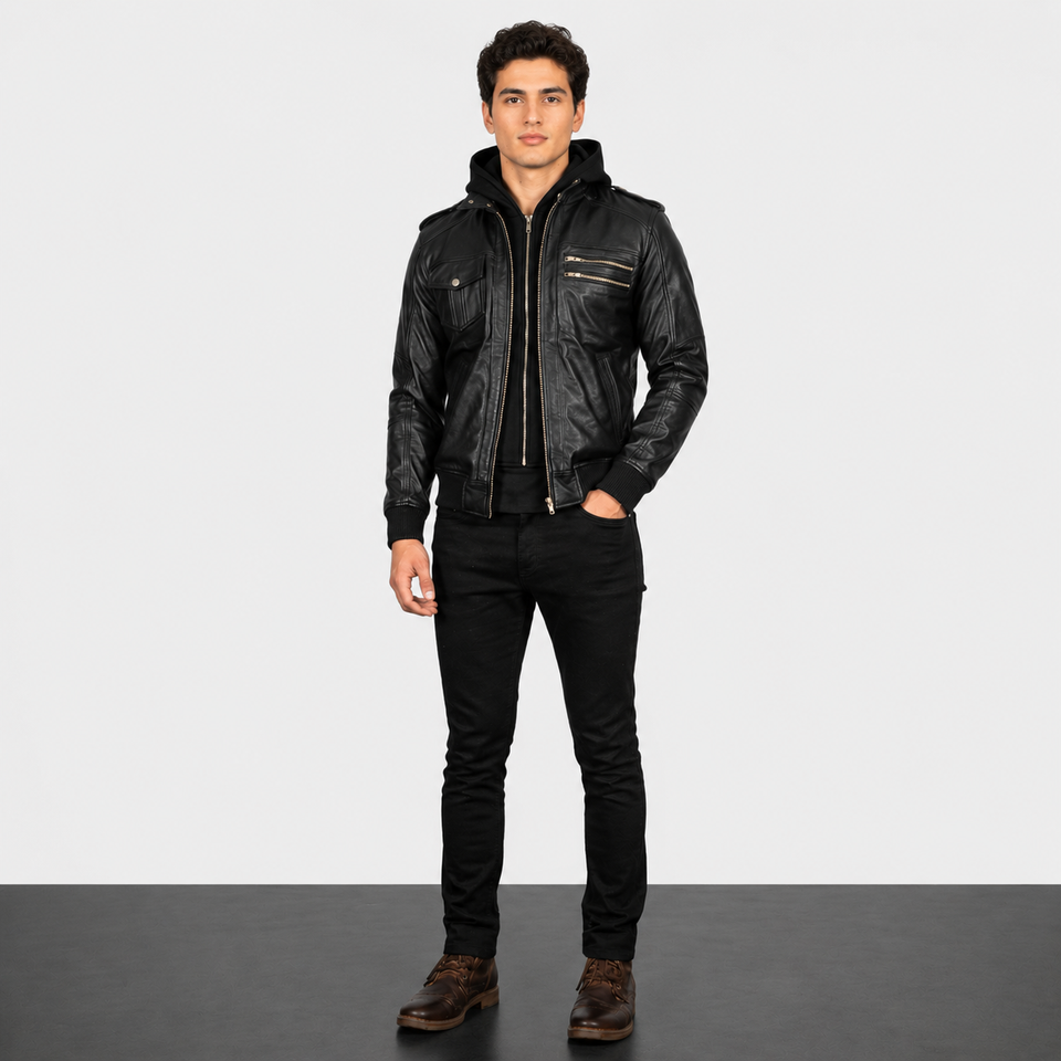 Black Hooded Bomber Leather Jacket