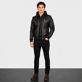 Black Hooded Bomber Leather Jacket