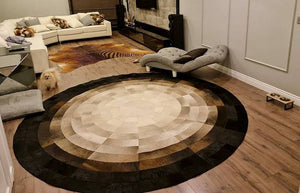 Brown & White Cowhide Patchwork Round Rug
