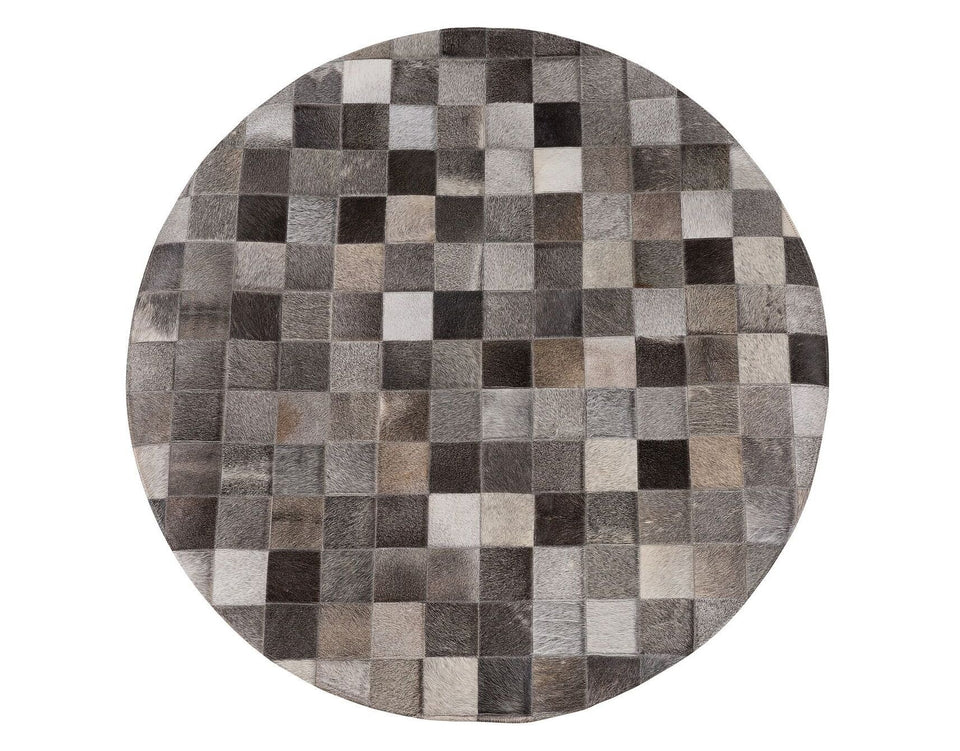 Grey Squares Cowhide Patchwork Round Rug