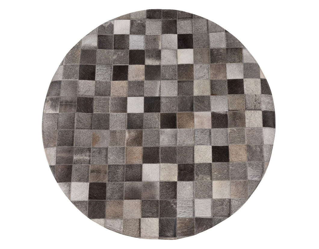 Grey Squares Cowhide Patchwork Round Rug
