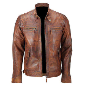 Quilted Distressed Brown Vintage Motorcycle Leather Jacket