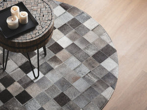 Grey Squares Cowhide Patchwork Round Rug