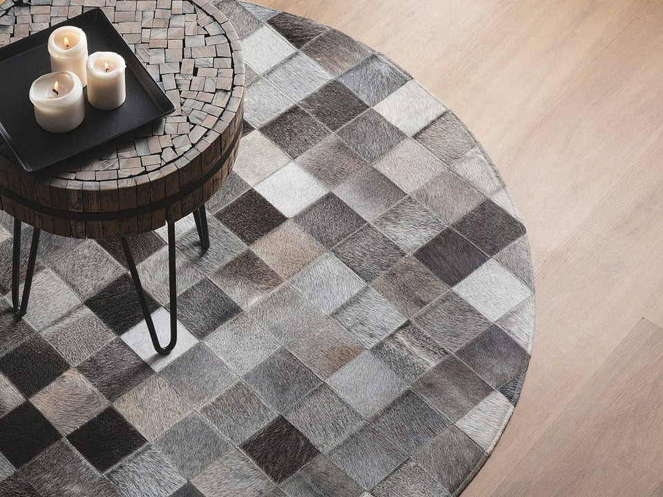 Grey Squares Cowhide Patchwork Round Rug