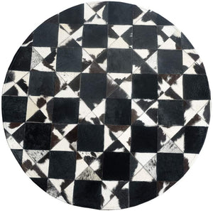 White & Black Squares Cowhide Patchwork Round Rug