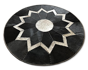 Dark Black Flower Cowhide Patchwork Round Rug
