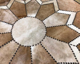 Light Brown Flower Cowhide Patchwork Round Rug