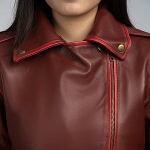 Angel Maroon Leather Biker Jacket Close