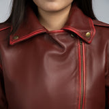 Angel Maroon Leather Biker Jacket Close