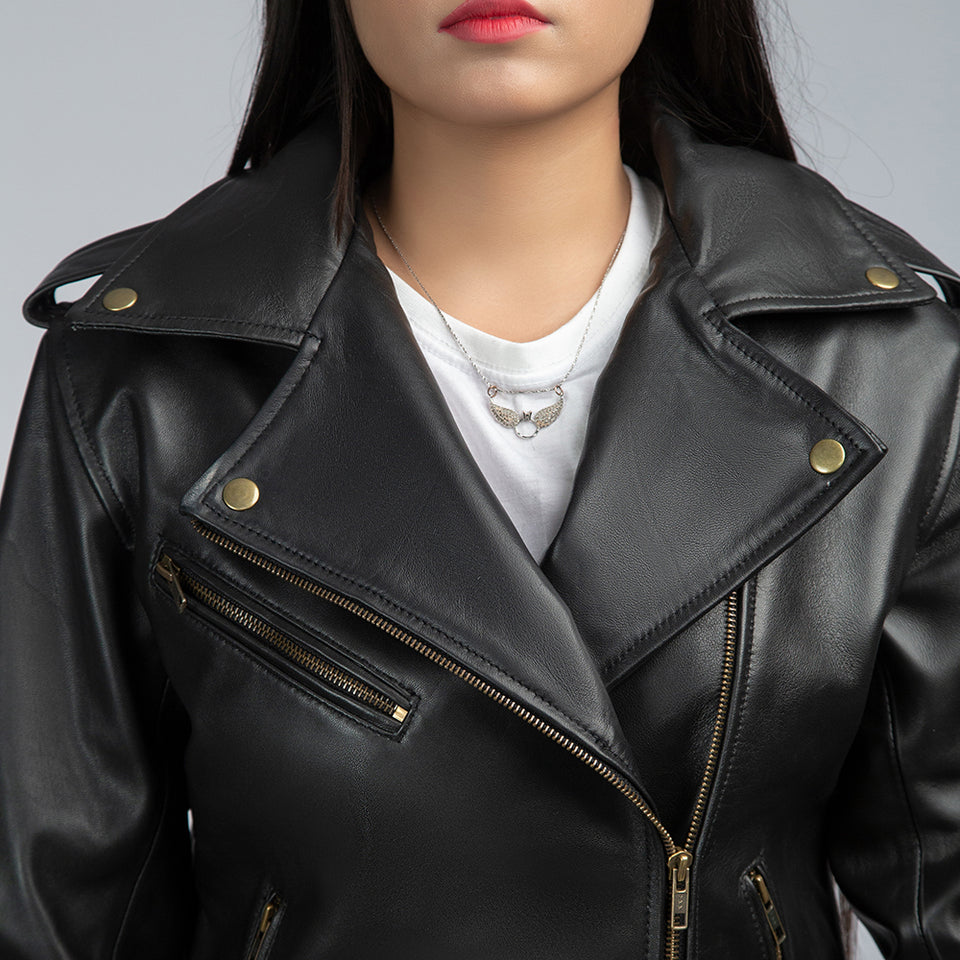 Elianna Black Leather Biker Jacket Close