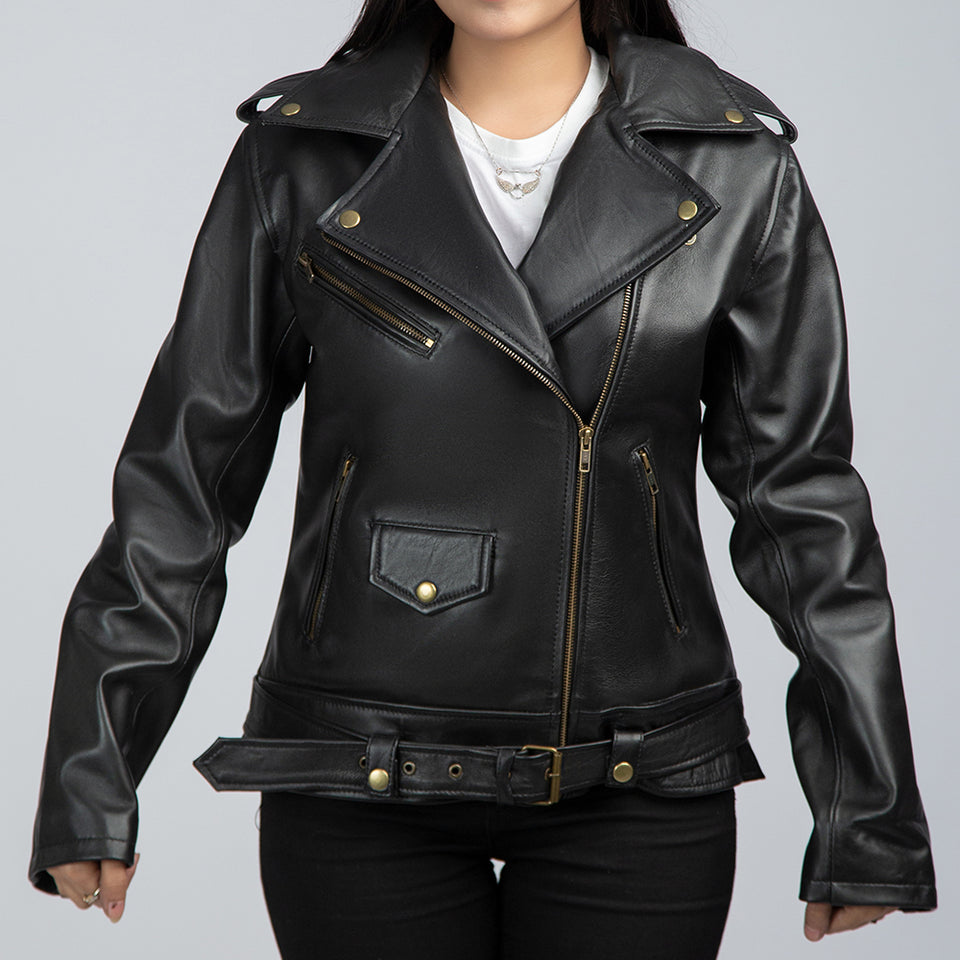 Elianna Black Leather Biker Jacket Front