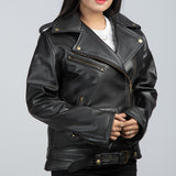 Elianna Black Leather Biker Jacket Side Pose