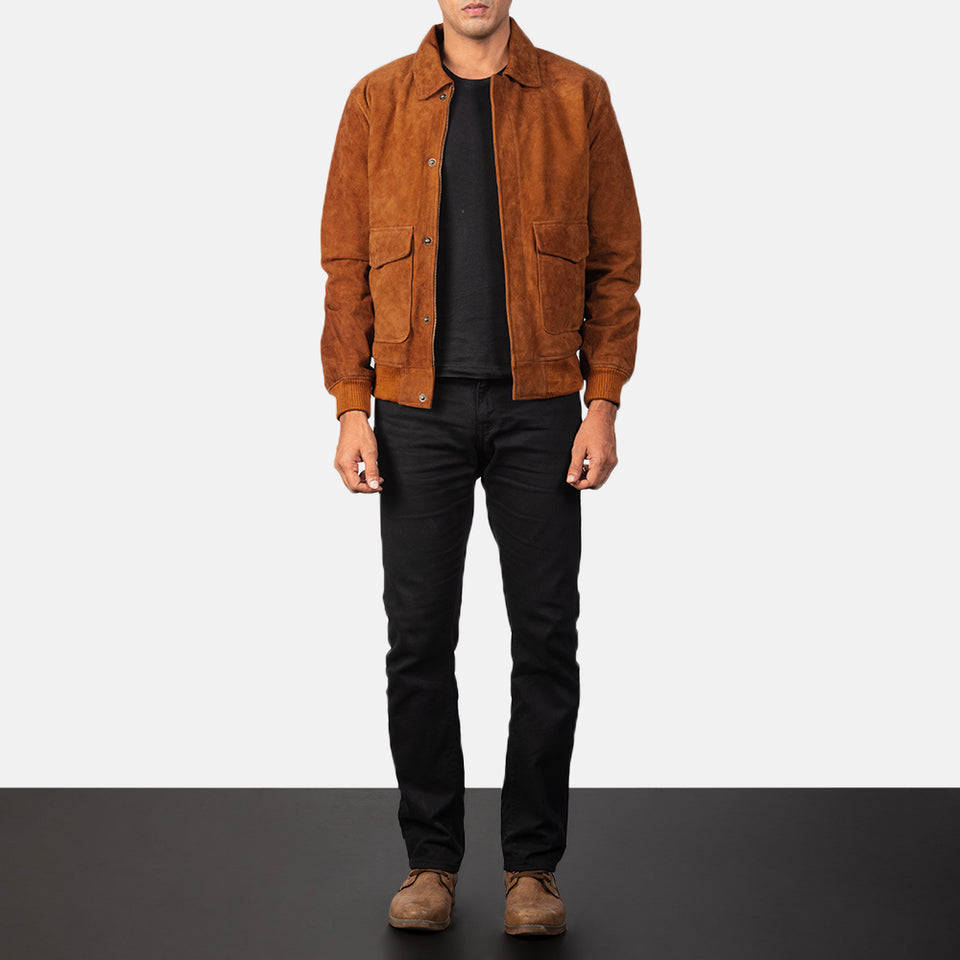 Heisenberg Tan Brown Suede Leather Bomber Jacket