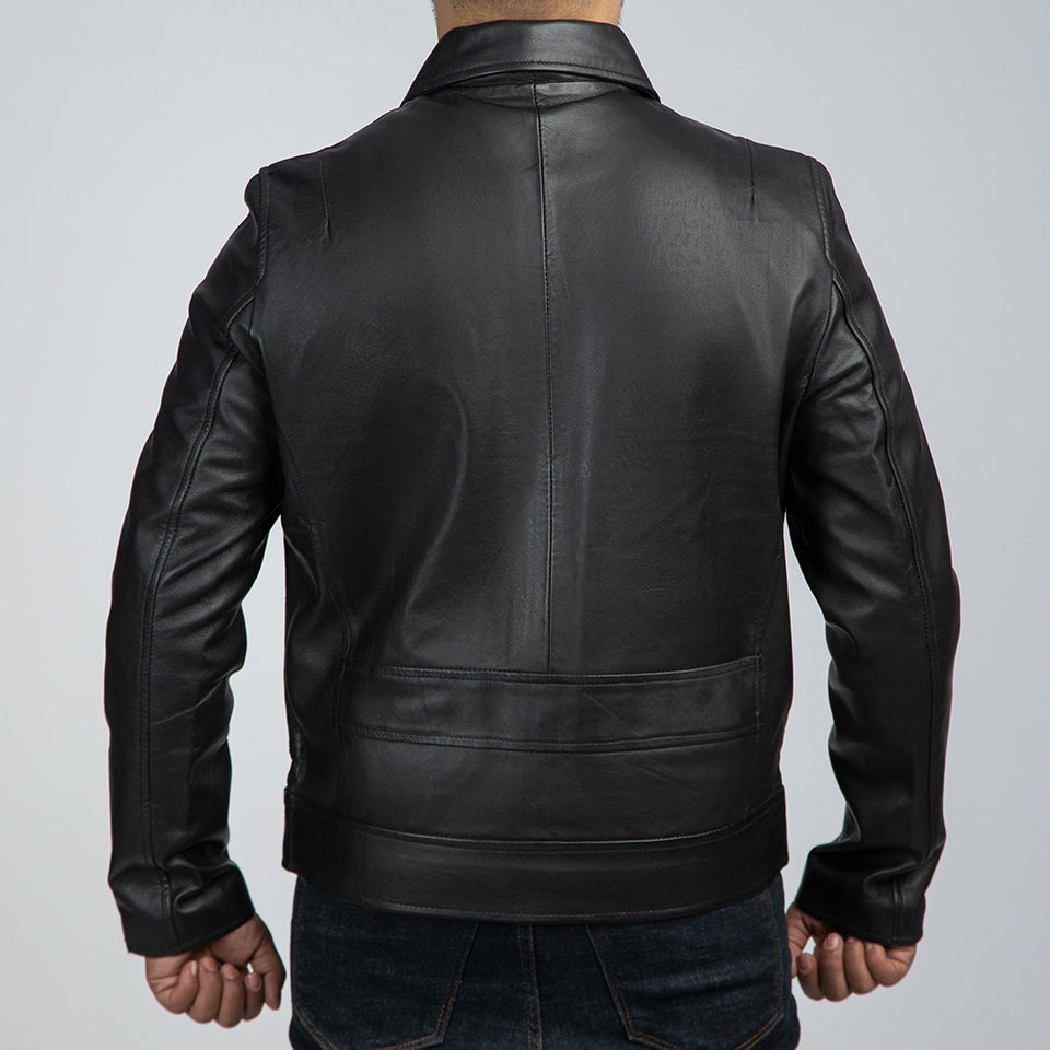 John Black Leather Biker Jacket Back