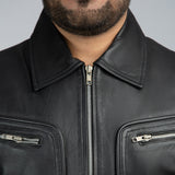 John Black Leather Biker Jacket Close