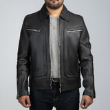 John Black Leather Biker Jacket Front Open