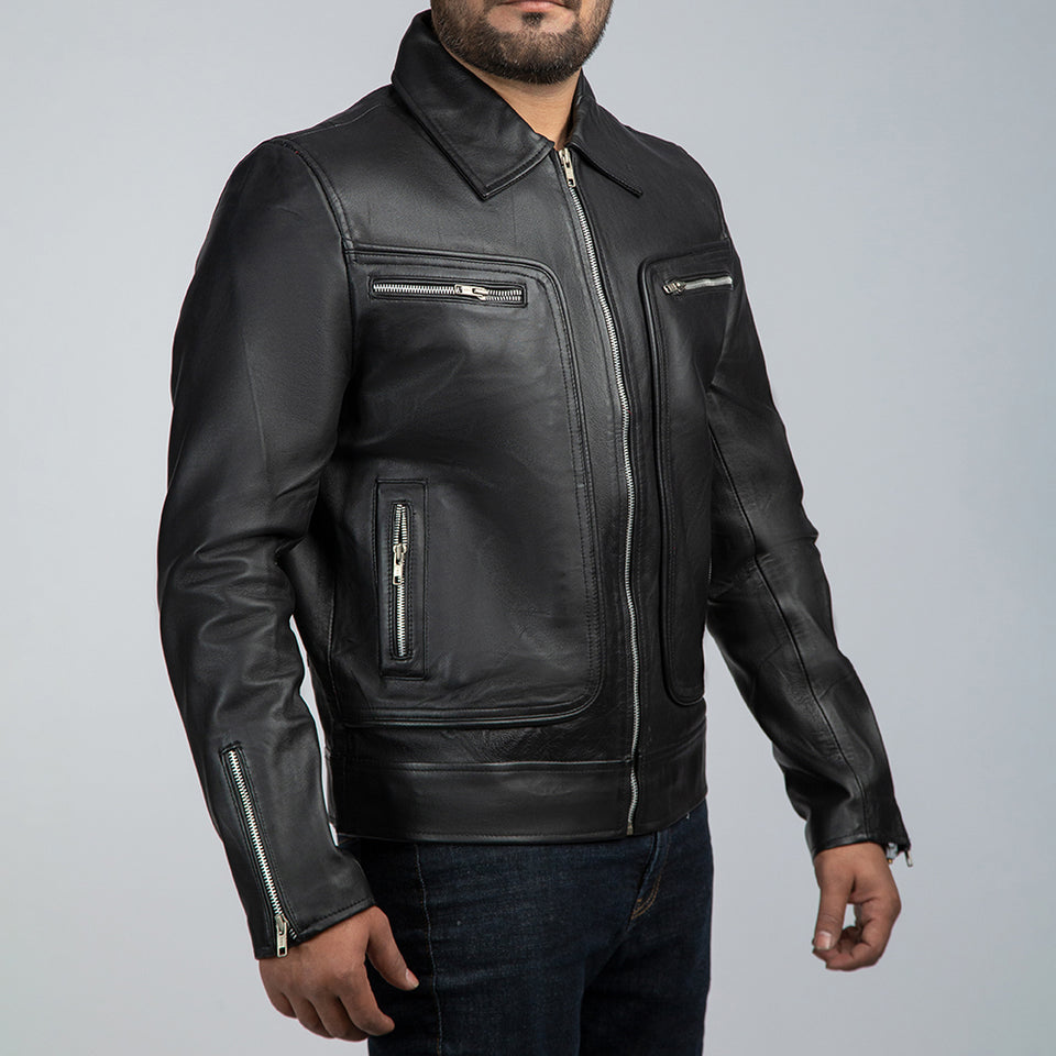 John Black Leather Biker Jacket Side