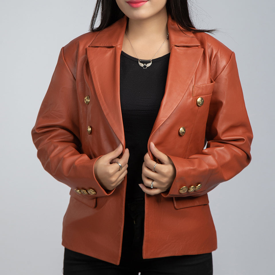 Laila Brown Leather Womens Coat Front Open