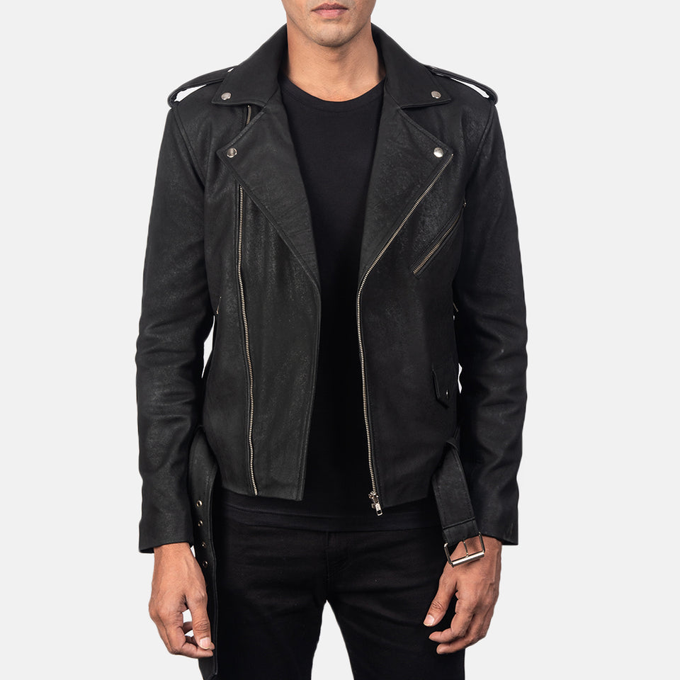 Marshal Distressed Black Leather Biker Jacket