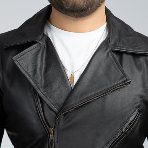 Mild Grain Black Leather Biker Jacket Close