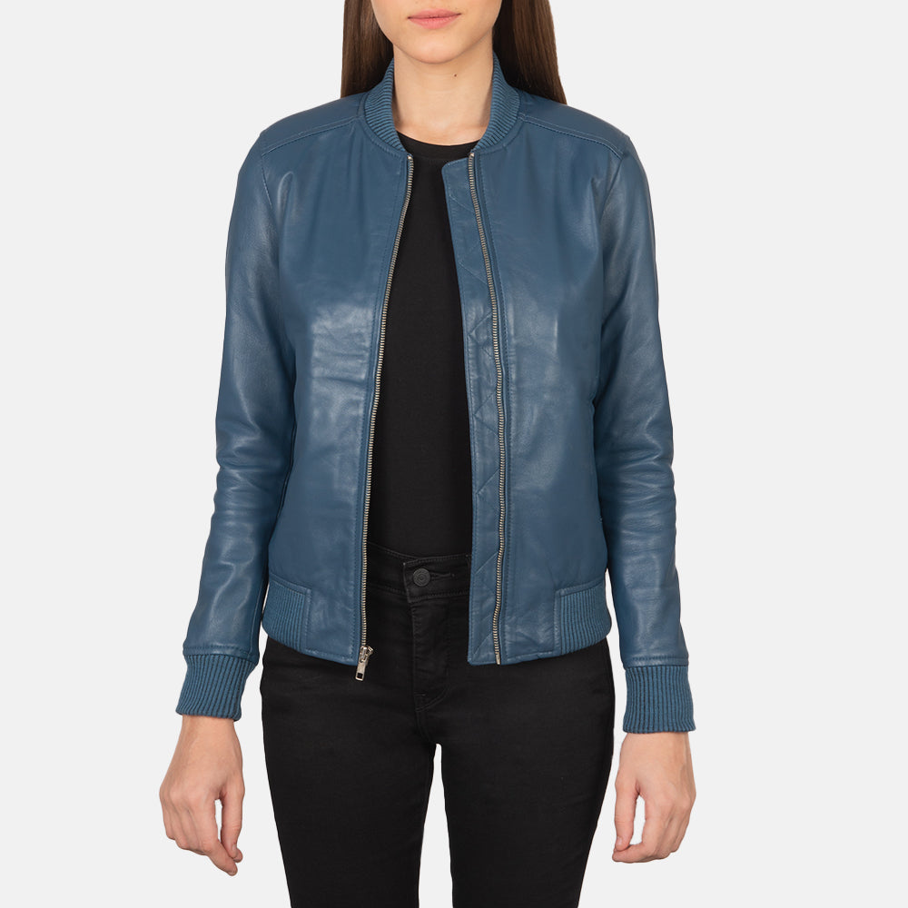 Blue leather bomber jacket on sale