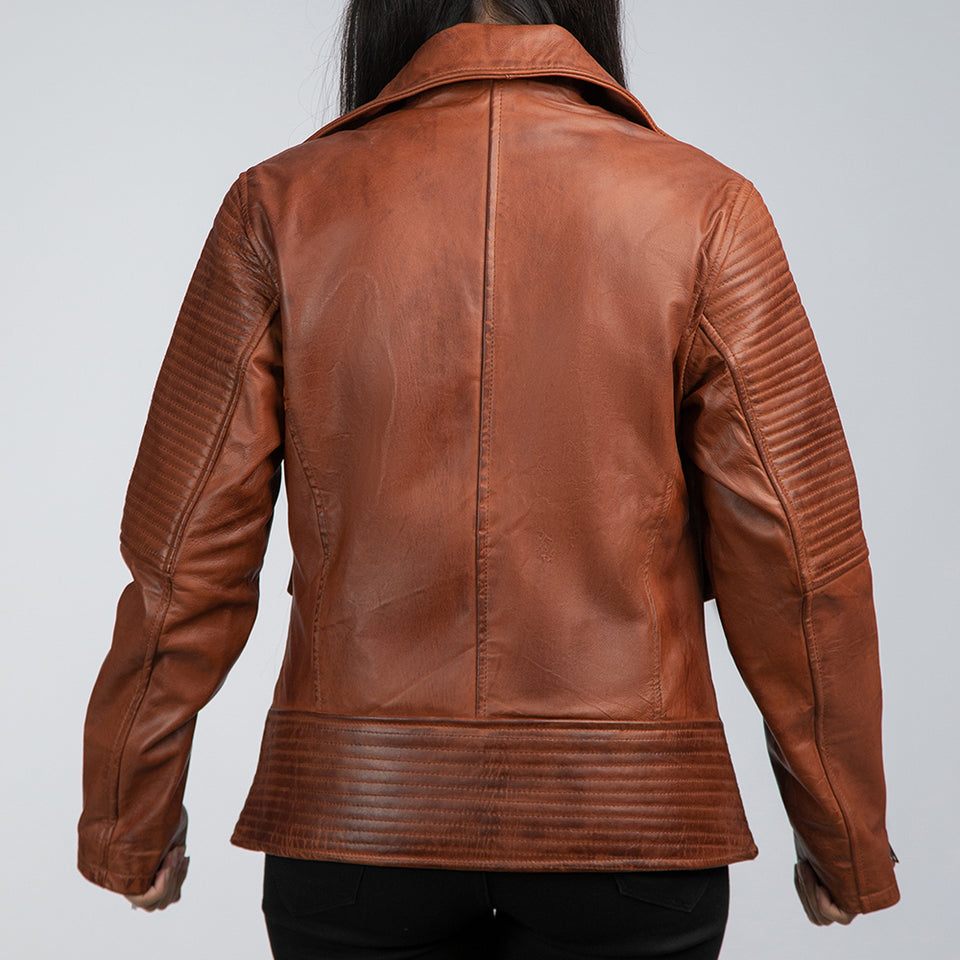 Womens Brown Leather Biker Jacket Back