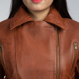 Womens Brown Leather Biker Jacket Close