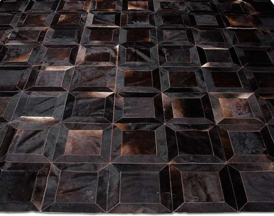 Dark Brown Cubes Handmade Cowhide Patchwork Rug