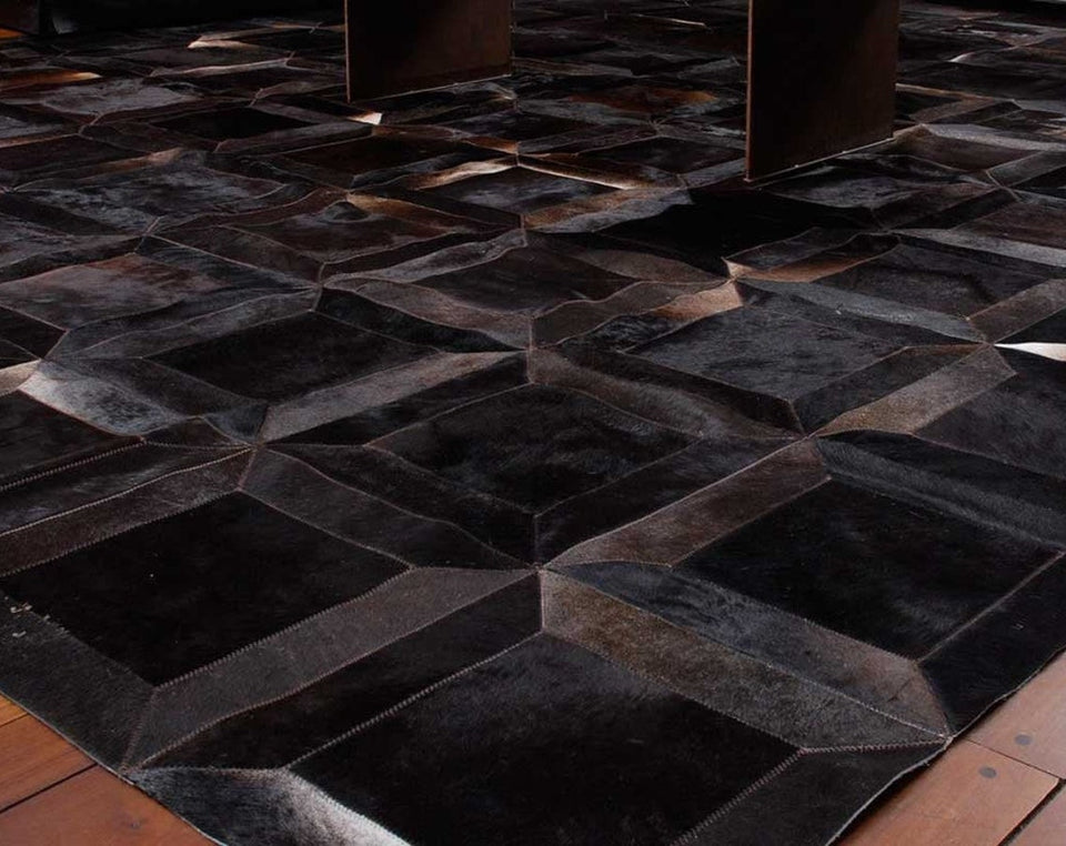 Dark Brown Cubes Handmade Cowhide Patchwork Rug