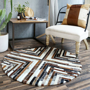 Mix Stripes Cowhide Patchwork Round Rug
