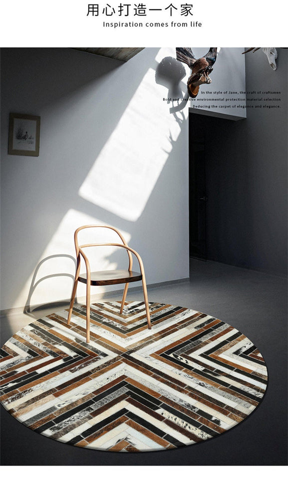 Mix Stripes Cowhide Patchwork Round Rug