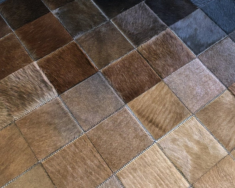 Brown Black Squares Cowhide Patchwork Rug