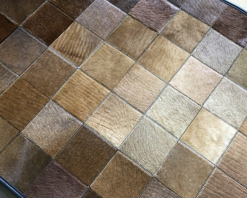 Brown Black Squares Cowhide Patchwork Rug