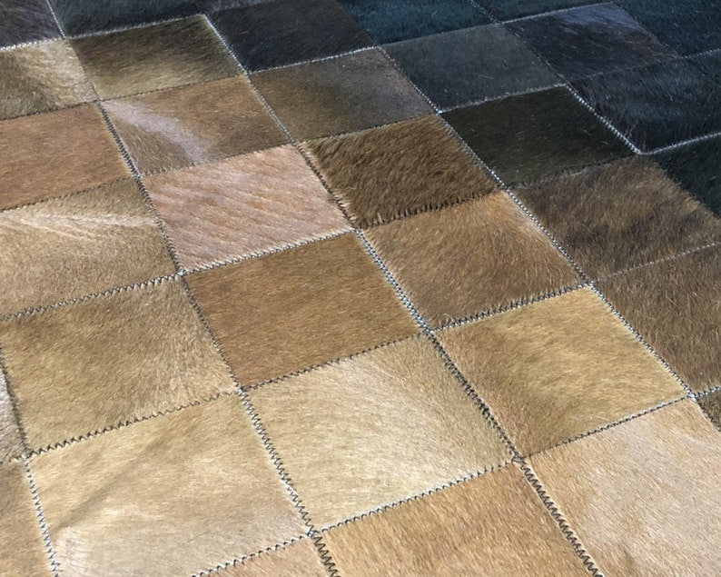 Brown Black Squares Cowhide Patchwork Rug