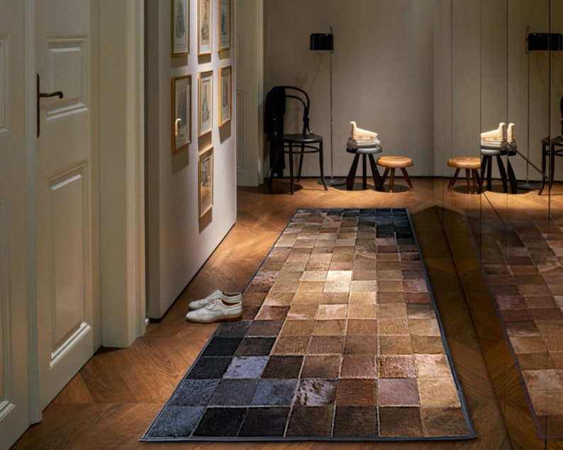 Brown Black Squares Cowhide Patchwork Rug