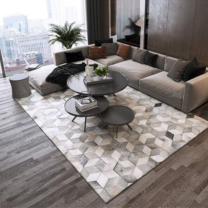 Grey Diamonds Handmade Cowhide Patchwork Rug