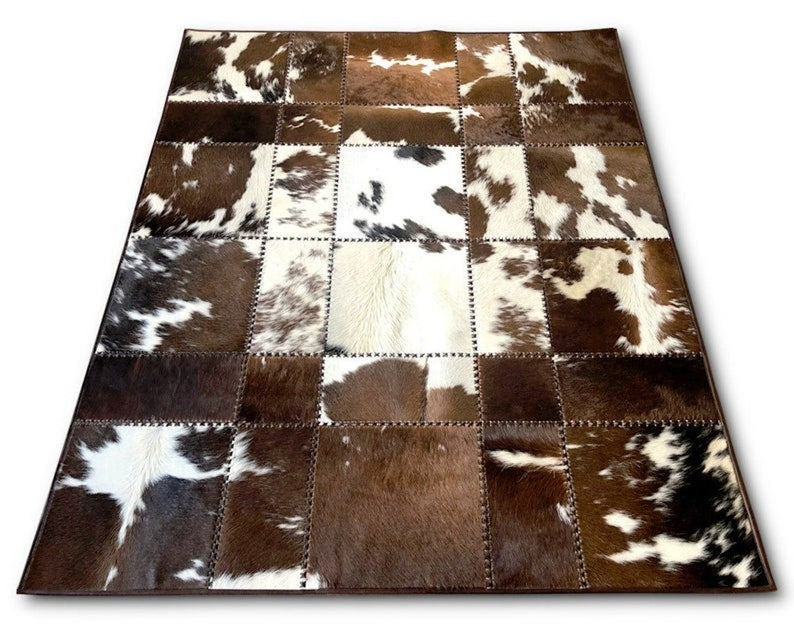Brown & White Blocks Handmade Cowhide Patchwork Rug