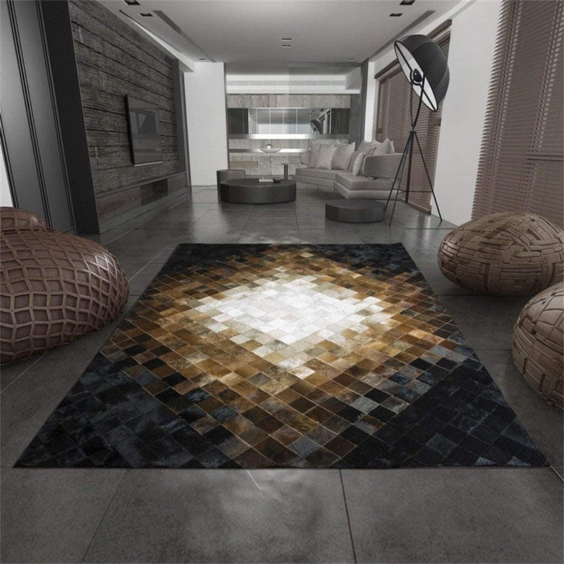 White & Black Squares Handmade Cowhide Patchwork Rug