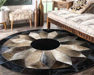 Brown Flower Cowhide Patchwork Round Rug