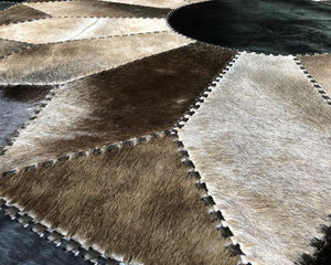 Brown Flower Cowhide Patchwork Round Rug