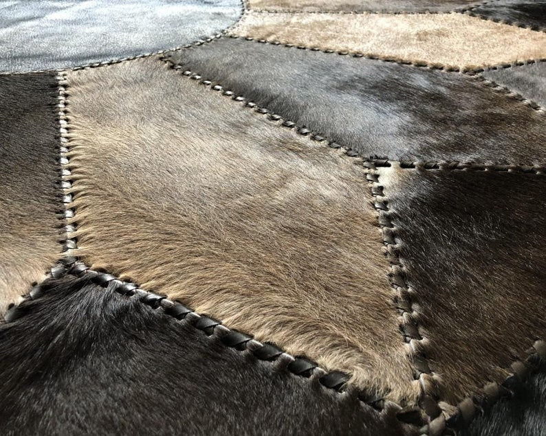 Brown Flower Cowhide Patchwork Round Rug